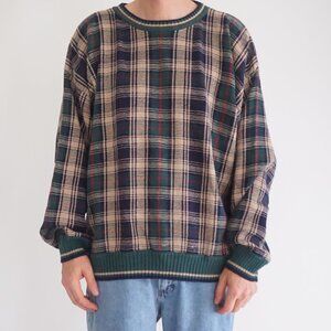 Vintage Croft & Barrow Green Navy Tartan Scottish 100% Cotton Knit Sweater XL